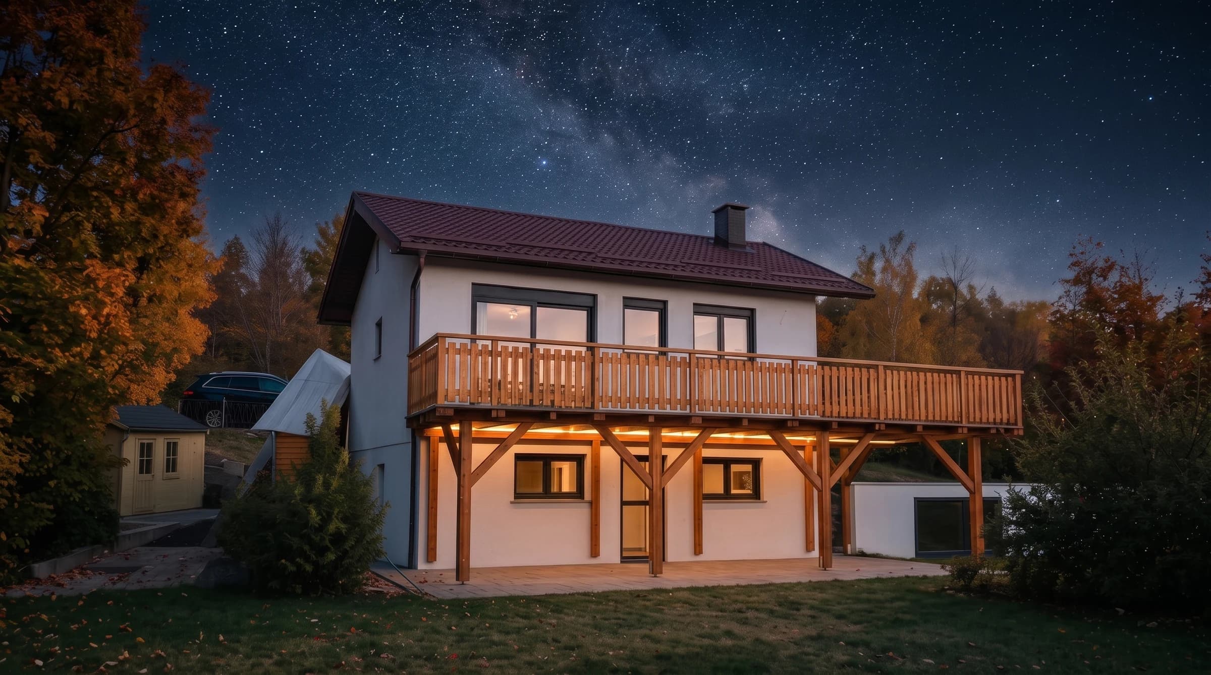 Einfamilienhaus Neulichtenberg bei Nacht unter Sternenhimmel